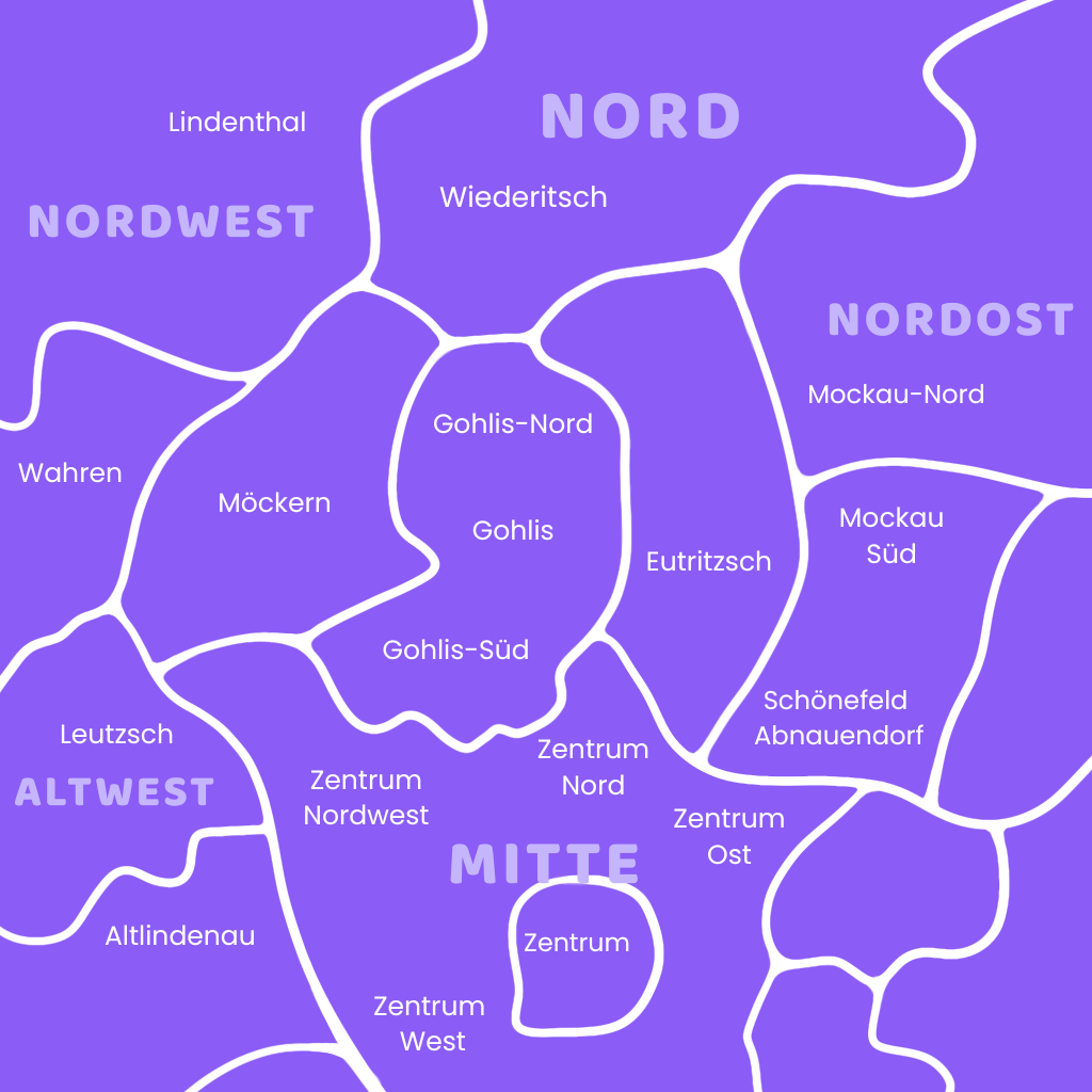 Karte von Leipzig: Kerngebiet rund um Leipzig-Nord – Gohlis, Möckern, Wahren, Eutritzsch, Lindenthal und angrenzende Stadtteile.